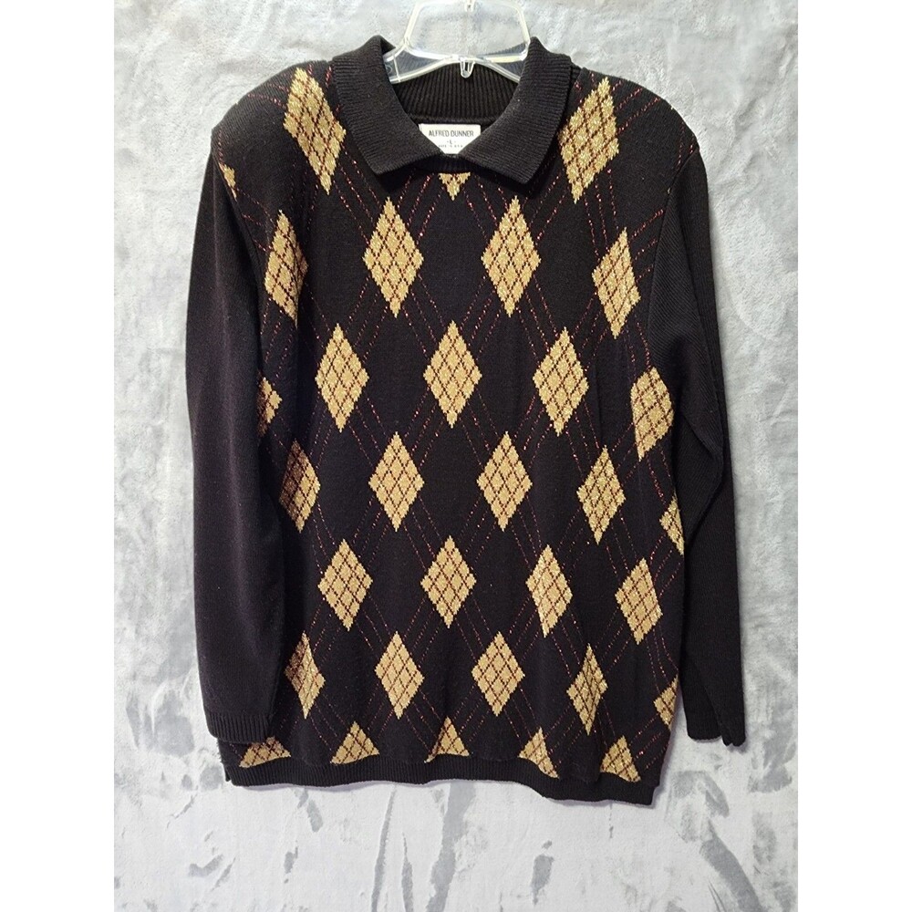 Alfred Dunner Woman L Sweater Black Red Gold Glitter Diamond Argyle Print Collar
